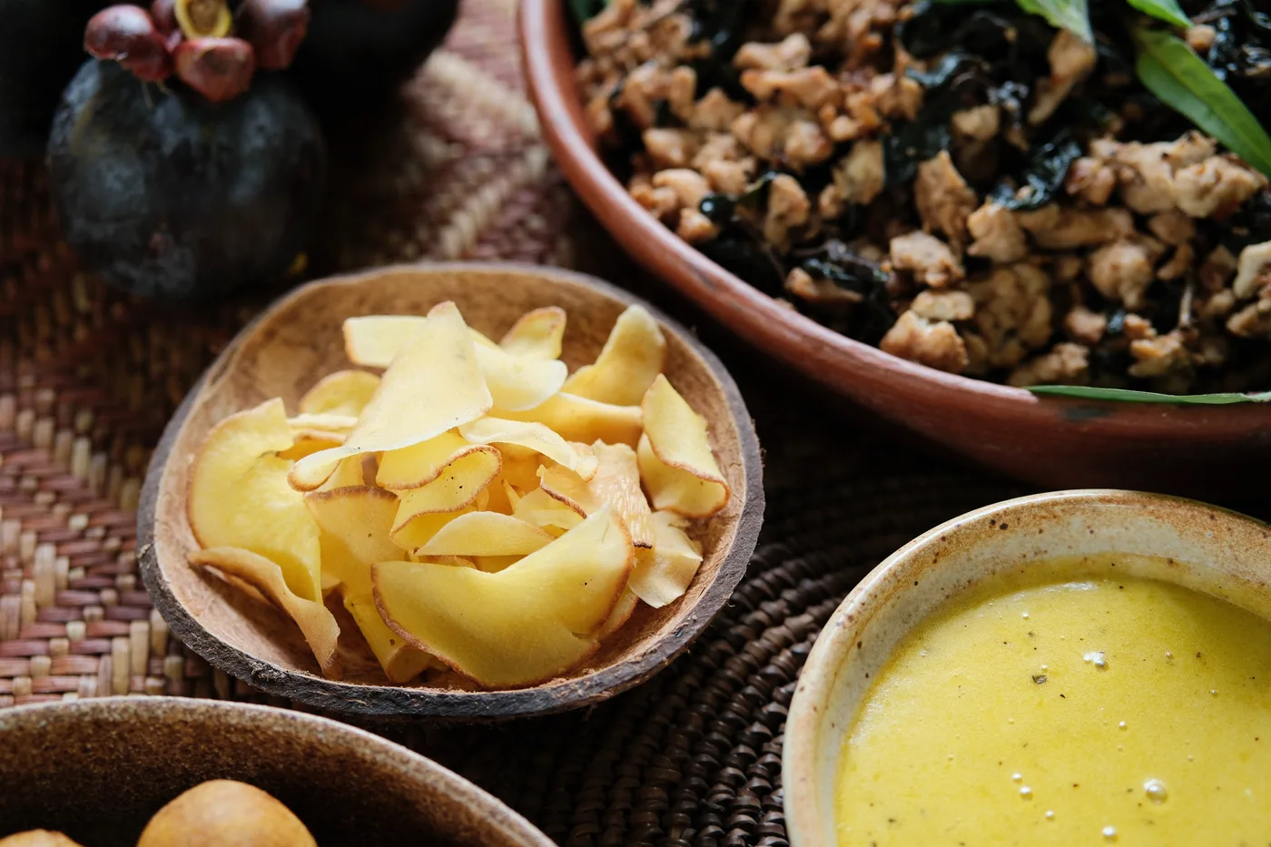 Jackfruit chips and turmeric dipping sauce