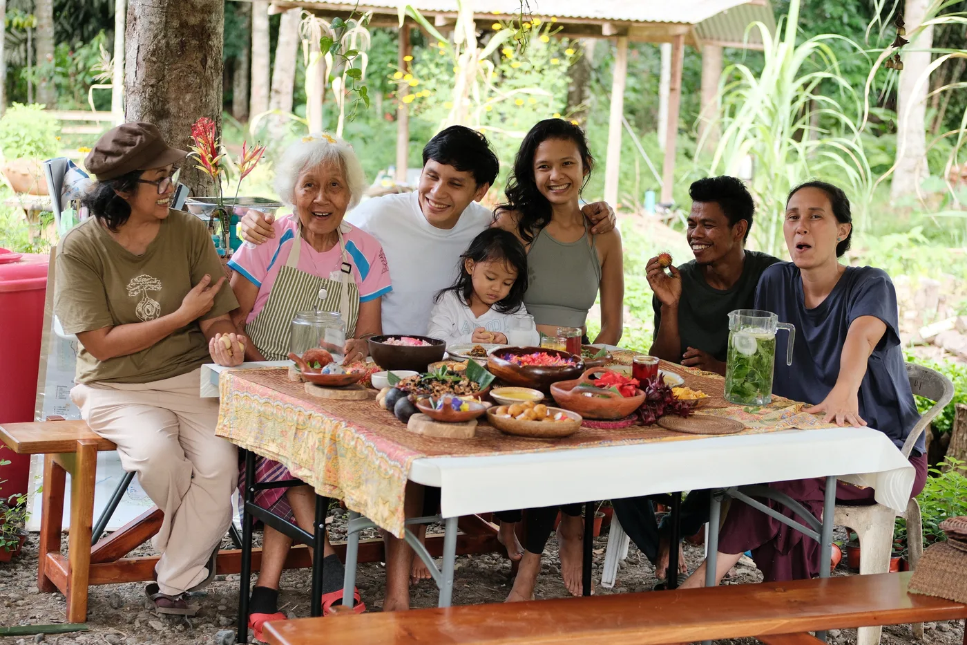 Group enjoying a farm feast